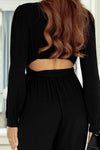 Black Cutout Back Belted V Neck Wide Leg Jumpsuit-Bottoms-MomFashion