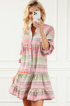 Multicolour Boho Print Puff Sleeve Buttoned Babydoll Dress-Dresses-MomFashion