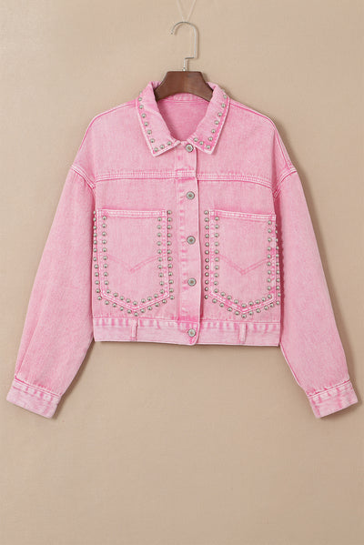 Pink Rivet Studded Pocketed Denim Jacket-Outerwear-MomFashion