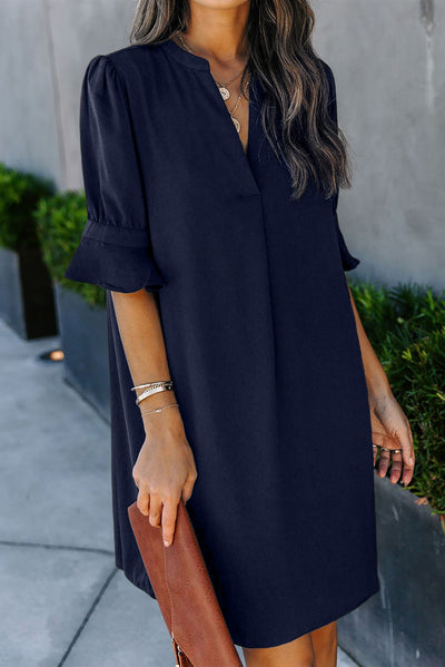 Blue Ruffled Sleeve Shift Dress-Dresses-MomFashion