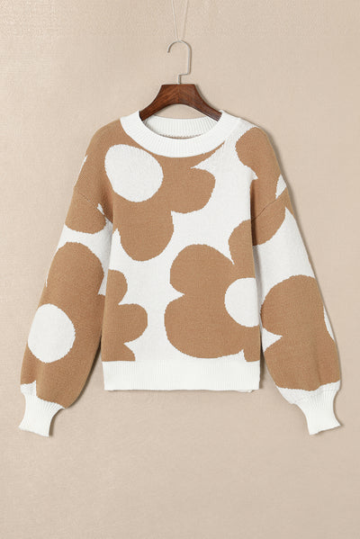 Khaki Big Flower Pattern Drop Shoulder Sweater-Tops-MomFashion