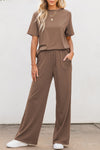 Smoke Gray Solid Color T Shirt 2pcs Wide Leg Pants Set-Two Piece Sets/Pant Sets-MomFashion