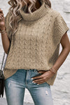 Light French Beige Cable Knit Turtleneck Batwing Sleeve Sweater-Tops-MomFashion