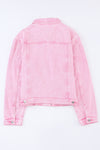 Pink Acid Wash Button Flap Pocket Denim Jacket-Outerwear-MomFashion