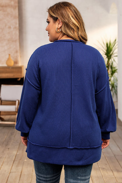 Blue Plus Size Waffle Knit Oversized Exposed Seam Top-Plus Size-MomFashion