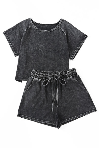 Black Acid Washed Short Lounge Set-Loungewear-MomFashion