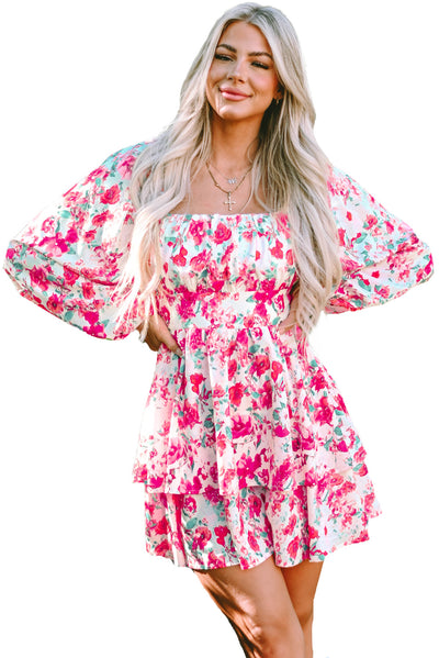 Pink Ruffle Tiered High Waist Puff Sleeve Floral Dress-Dresses-MomFashion