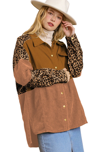 Leopard Patchwork High Low Shirt Jacket-Outerwear-MomFashion