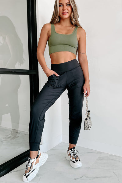 Black Exposed Seam High Waist Pocketed Joggers-Bottoms-MomFashion