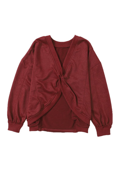 Fiery Red Exposed Seam Twist Open Back Oversized Sweatshirt-Tops-MomFashion