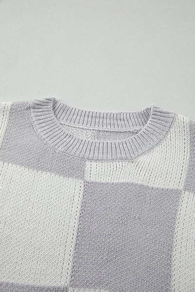 Medium Grey Checkered Print Drop Shoulder Sweater-Tops-MomFashion