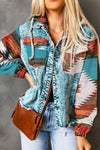 Multicolor Aztec Print Frayed Hem Denim Jacket-Outerwear-MomFashion