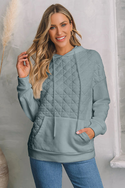 Light Grey Drop Shoulder Quilted Patchwork Kangaroo Pocket Hoodie-Tops-MomFashion