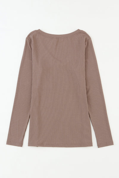 Khaki Ribbed Knit Patched Chest Pocket V Neck Top-Tops-MomFashion