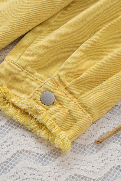 Yellow Distressed Fringe Trim Denim Jacket-Outerwear-MomFashion