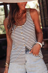 White Striped Print Button Front U Neck Tank Top-Tops-MomFashion