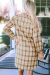 Khaki Western Plaid Button Up Loose Shirt Dress-Dresses-MomFashion