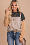 Black Color Block Long Sleeve Ribbed Loose Top-Tops-MomFashion