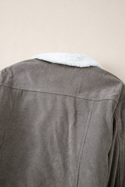 Gray Corduroy Sherpa Snap Button Flap Jacket-Outerwear-MomFashion