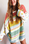 Multicolor Hollow Striped Knit Contrast Sleeve Sweater-Tops-MomFashion