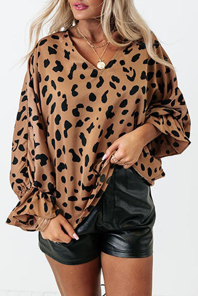 Leopard V Neck Ruffled Cuffs Loose Blouse-Tops-MomFashion