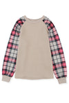 Apricot Plaid Raglan Sleeve Sweatshirt-Tops-MomFashion