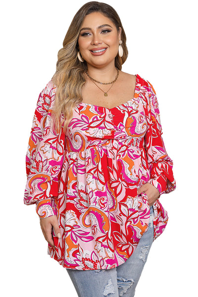 Red Plus Size Floral Sweetheart Neck Babydoll Blouse-Plus Size-MomFashion