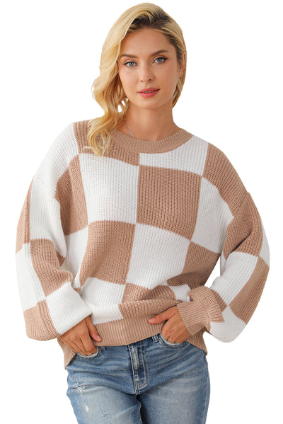 Checkered Ribbed Knit Puff Sleeve Sweater-Tops-MomFashion