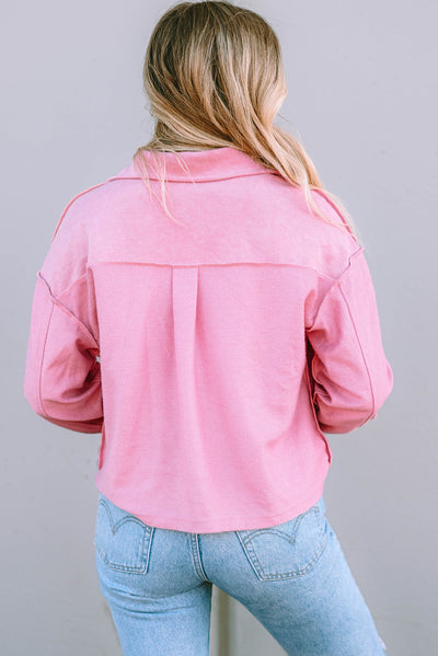 Pink Turn-Down Collar Pockets Shirt Jacket-Outerwear-MomFashion