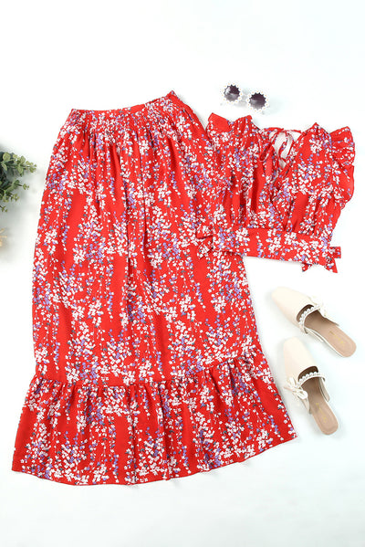 Fiery Red Multicolor Floral Ruffled Crop Top and Maxi Skirt Set-Dresses-MomFashion