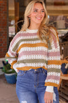 Multicolor Striped Hollowed Knitted Loose Sweater-Tops-MomFashion