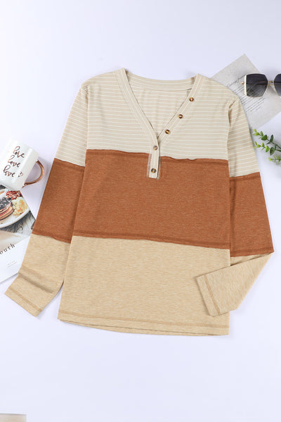 Orange Striped Color Block Henley Top-Tops-MomFashion