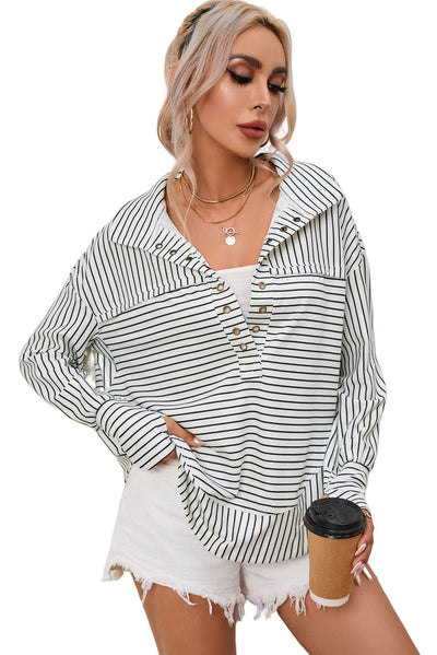 White Striped Thumbhole Drop Shoulder V Neck Top-Tops-MomFashion