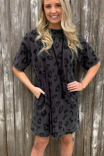 Gray Vintage Washed Leopard T-Shirt Dress with Pockets-Dresses-MomFashion