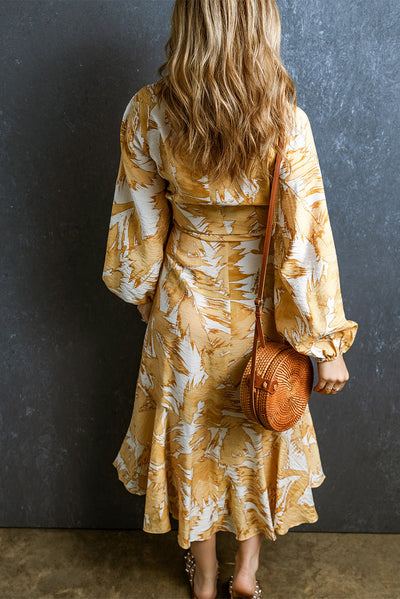 Yellow V Neck Wrap Lace up Bubble Sleeve Floral Dress-Dresses-MomFashion