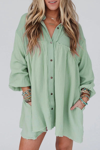 Green Patchwork Crinkle Puff Sleeve Shirt Dress-Dresses-MomFashion