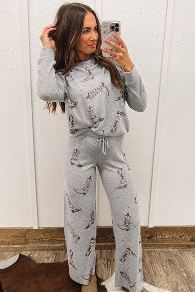 Gray Cowgirl Boots Printed Long Sleeve Top Pants Lounge Set-Loungewear & Sleepwear/Loungewear-MomFashion