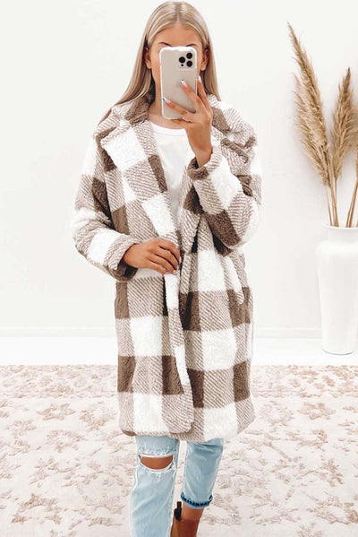 Brown Plaid Lapel Collar Long Open Front Coat-Outerwear-MomFashion