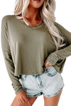 Green Loose V Neck Dropped Long Sleeve Top-Tops-MomFashion