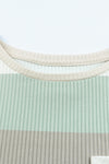 Green Color Block Ribbed Long Sleeve Top with Pocket-Tops-MomFashion