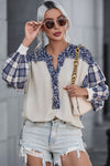 Blue Floral Plaid Mixed Print Bishop Sleeve Patchwork Top-Tops-MomFashion