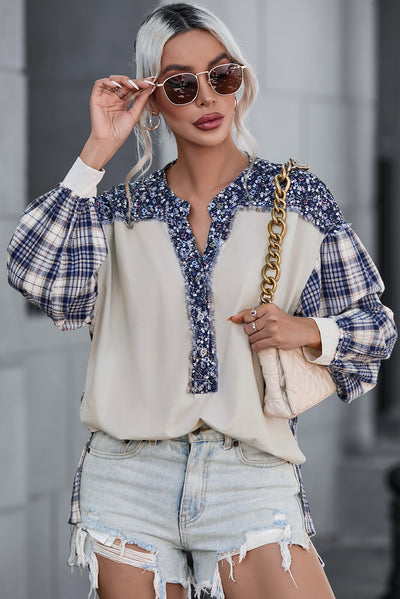 Blue Floral Plaid Mixed Print Bishop Sleeve Patchwork Top-Tops-MomFashion