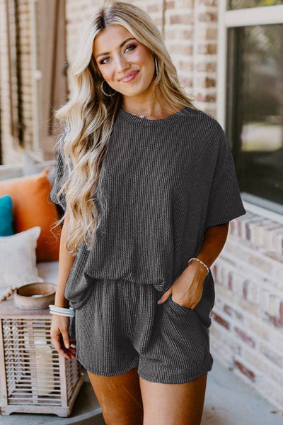 Carbon Grey Ribbed Textured Knit Loose Fit Tee and Shorts Set-Two Piece Sets/Short Sets-MomFashion