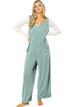 Moonlight Jade Corded Tie Straps V Neck Wide Leg Jumpsuit-Bottoms-MomFashion