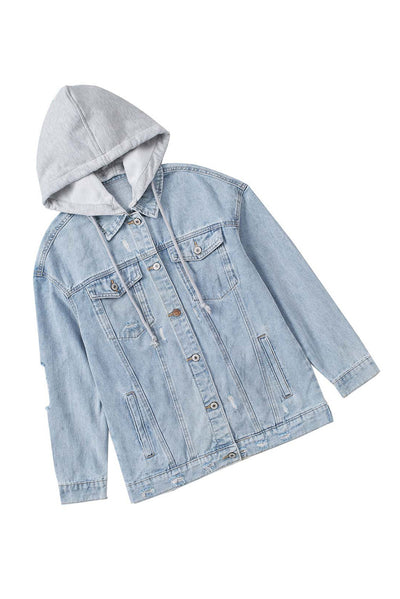 Sky Blue Button Closure Ripped Hooded Denim Jacket-Outerwear-MomFashion