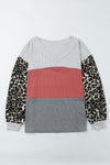 Fiery Red Wild Leopard Contrast Sleeve Colorblock Waffle Knit Top-Tops-MomFashion