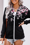 Black Cherry Blossoms Print Pocketed Zipped Hooded Coat-Outerwear-MomFashion