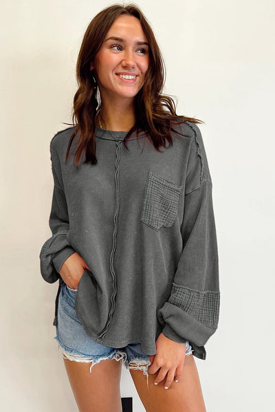 Gray Exposed Seam Patchwork Bubble Sleeve Waffle Knit Top-Tops-MomFashion