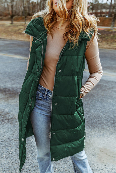 Green Hooded Long Quilted Vest Coat-Outerwear-MomFashion