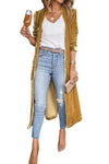 Yellow Velvet Open Front Pocketed Long Duster-Tops-MomFashion